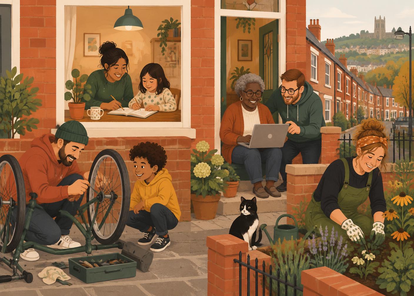 Neighbours helping each other with bike repairs, tutoring, gardening and computer help